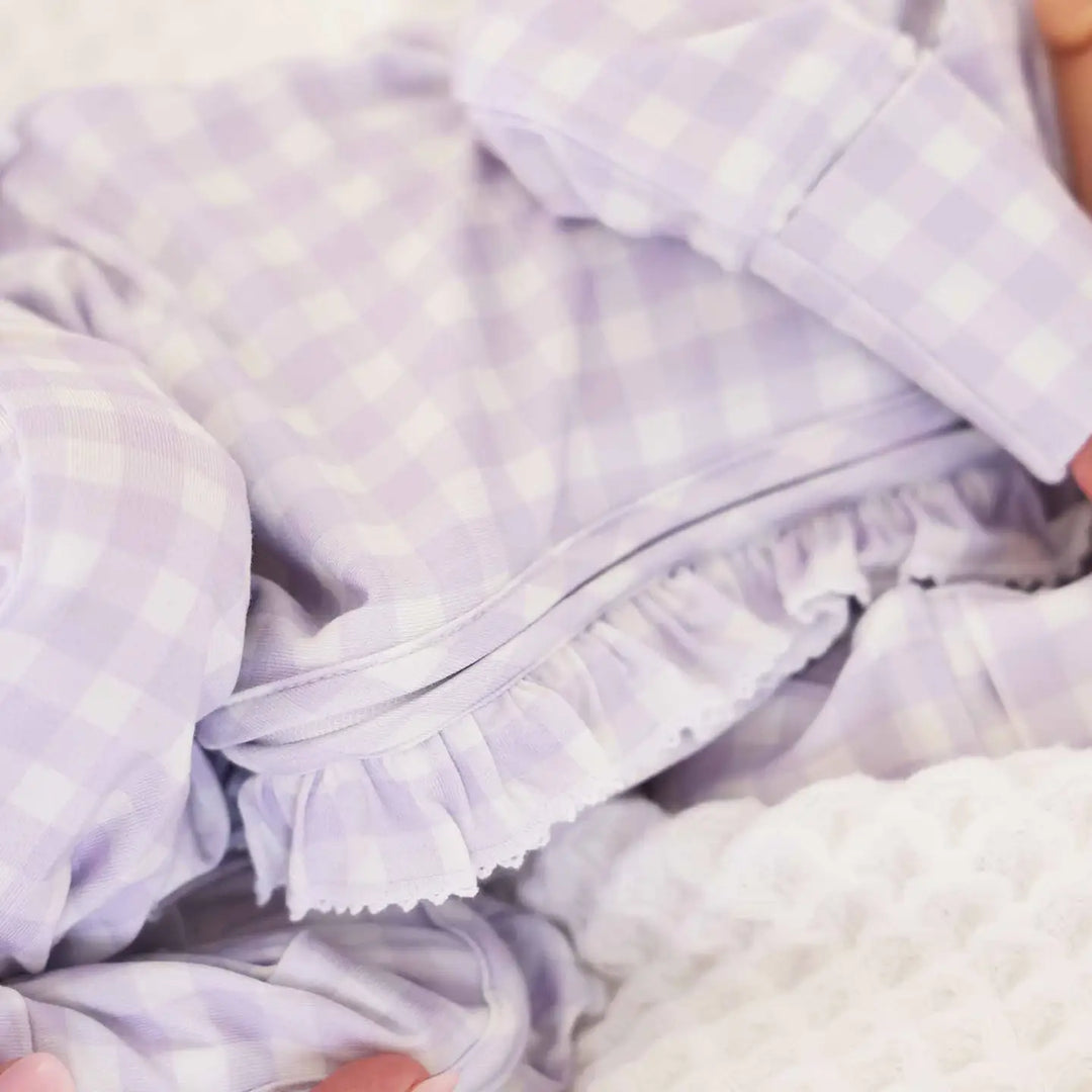 Peter Pan Collar Ruffle Zip Footie- Lilac Gingham