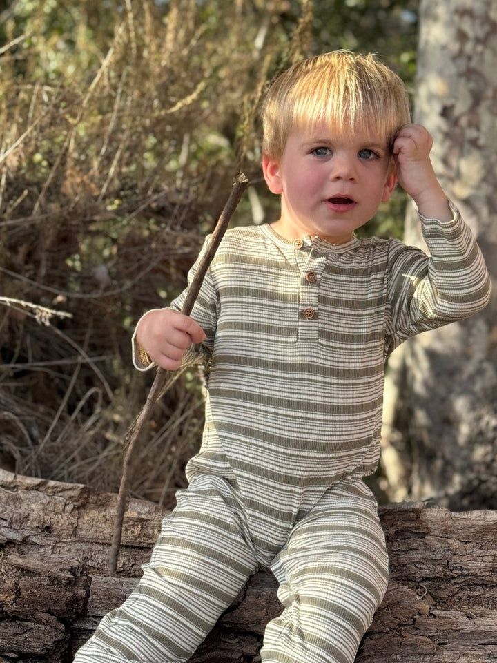 MASON Sage/Cream Ribbed Henley Romper: 12-18m