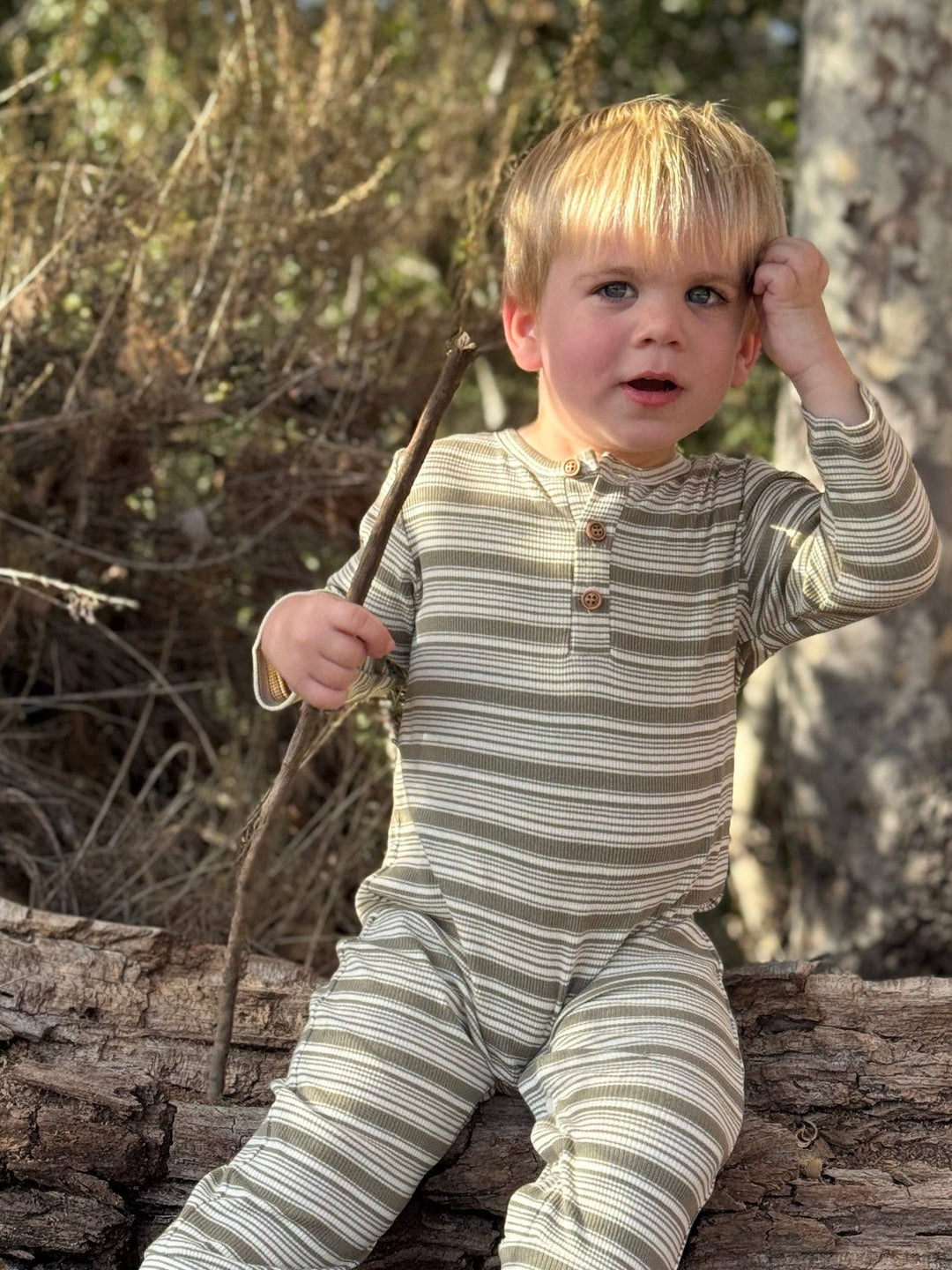 MASON Sage/Cream Ribbed Henley Romper: 9-12m