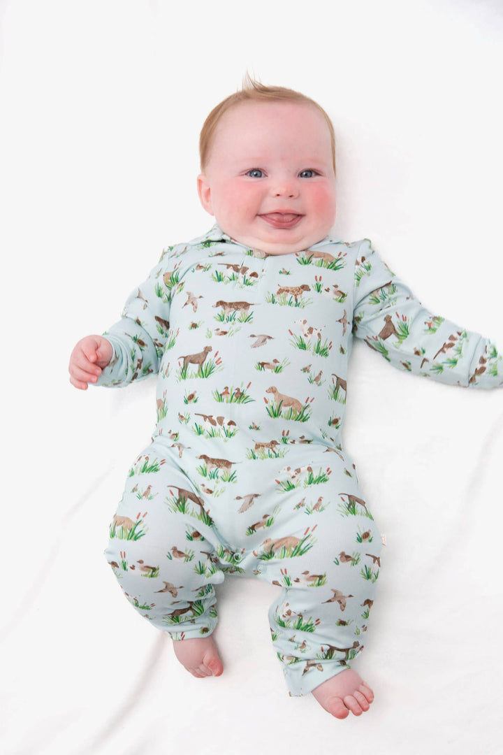 Bird Hunting Dogs - Sweatshirt Polo Romper (Delta Dogs): 6-12mo