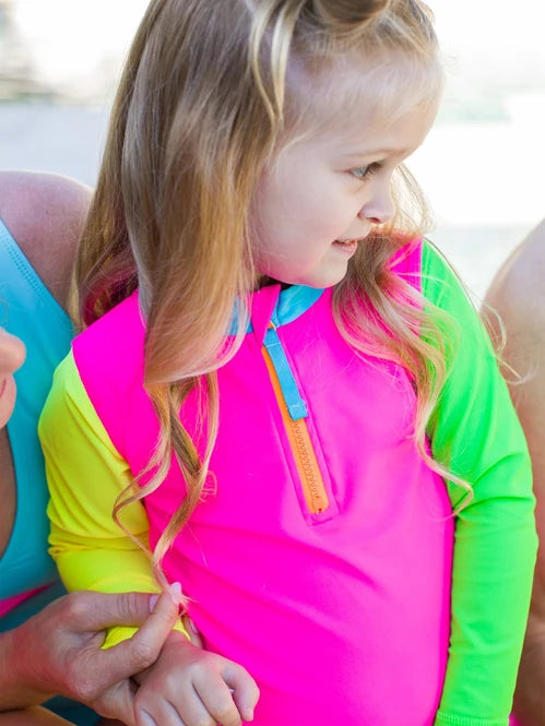 Neon Color Block Zipper Rash Guard