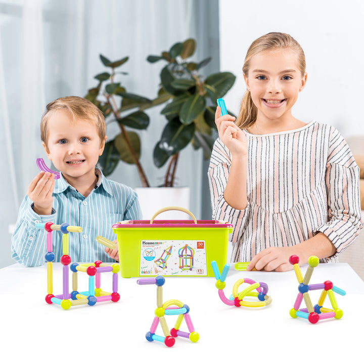 PicassoTiles 50 Piece Magnetic Stick Stacking Construction: MULTI-COLOR