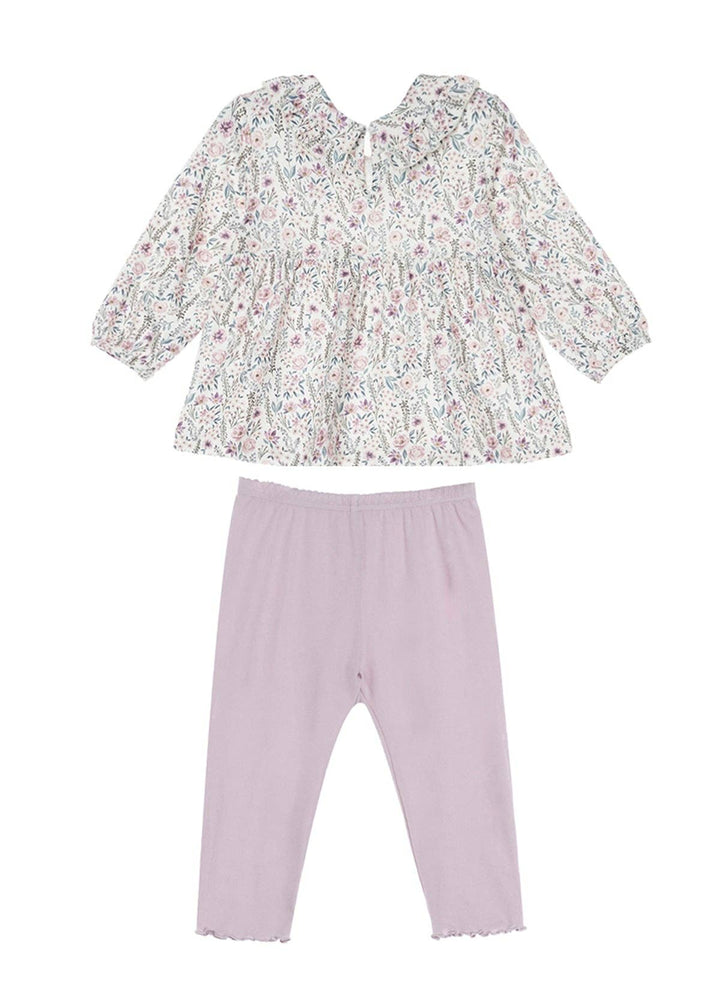 Soft Meadow Long Sleeve Floral Peter Pan Collar Top and Legging Set: Purple