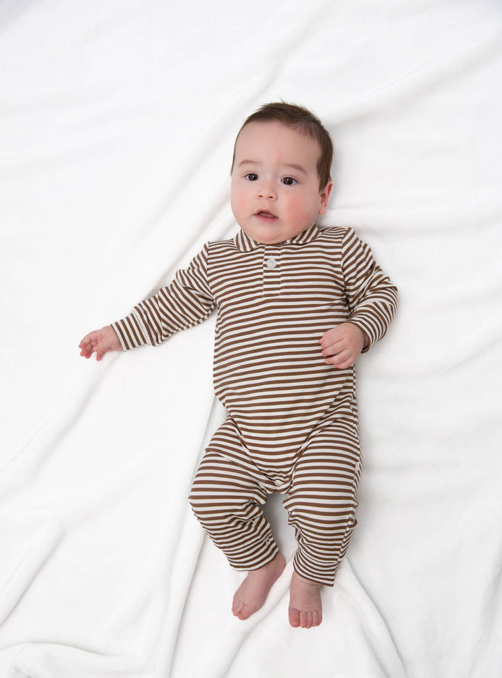 Chocolate Stripes - Sweatshirt Polo Romper: 3-6mo