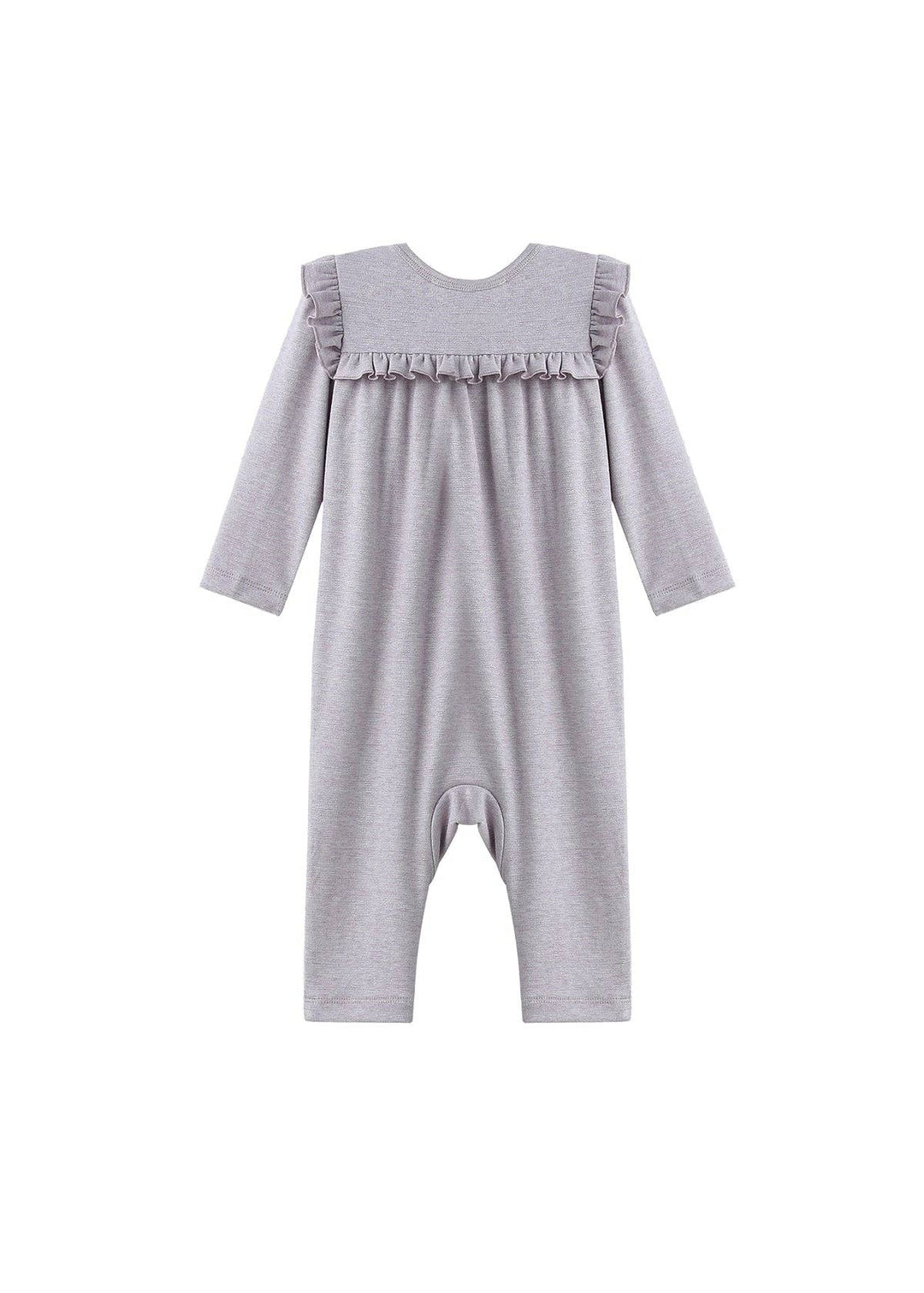 Maggie Long Sleeve Ruffle Trim Straight Leg Romper: Purple
