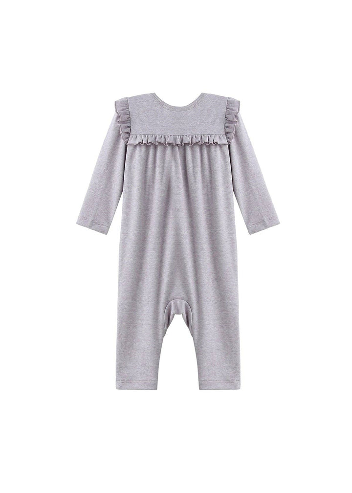 Maggie Long Sleeve Ruffle Trim Straight Leg Romper: Purple