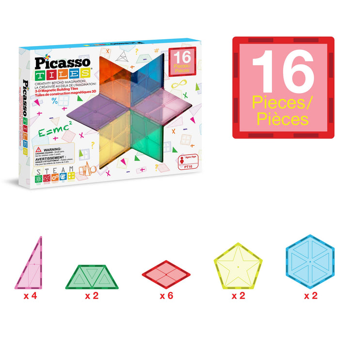 PicassoTiles 16pc Magnetic Tile Building Set STEM Toy