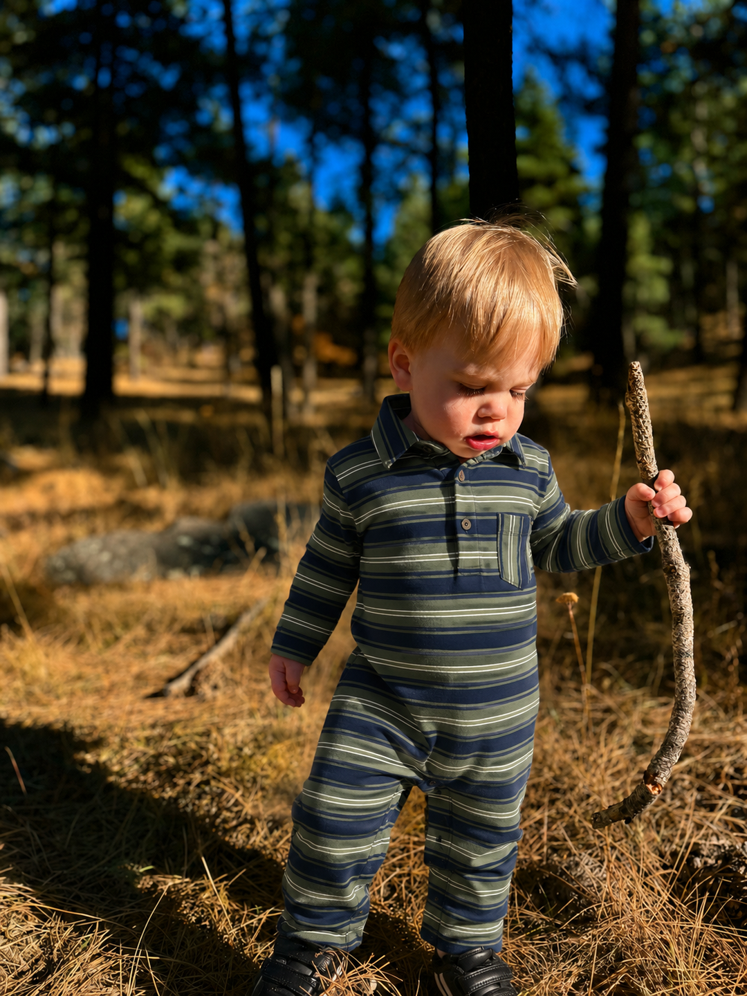 KINGSTON Blue/Green Stripe Polo Romper: 12-18m