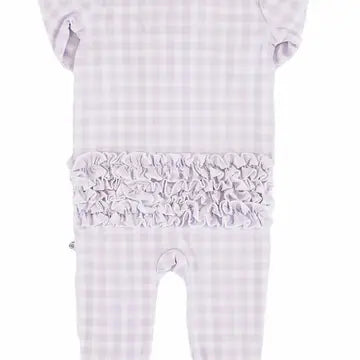 Peter Pan Collar Ruffle Zip Footie- Lilac Gingham