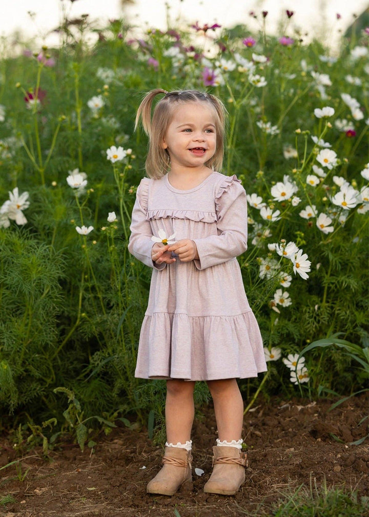 Maggie Long Sleeve Ruffle Yoke Tiered Dress: Purple