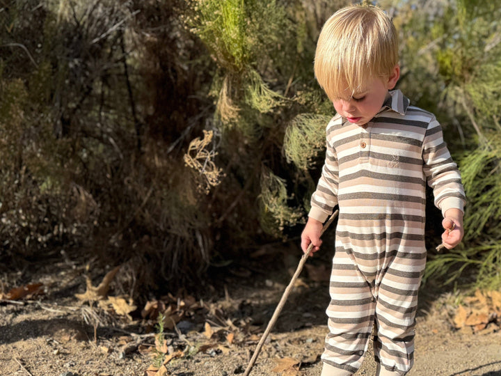 KINGSTON Beige/Grey Stripe Polo Romper: 18-24m