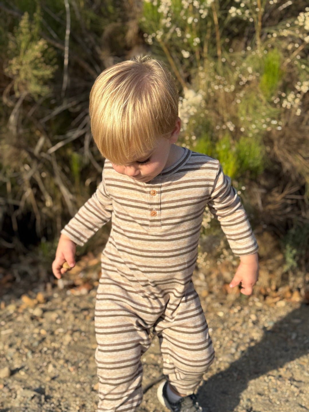 MASON Beige multi stripe Ribbed Henley Romper: 6-9m