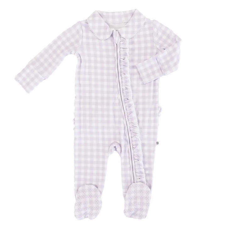 Peter Pan Collar Ruffle Zip Footie- Lilac Gingham